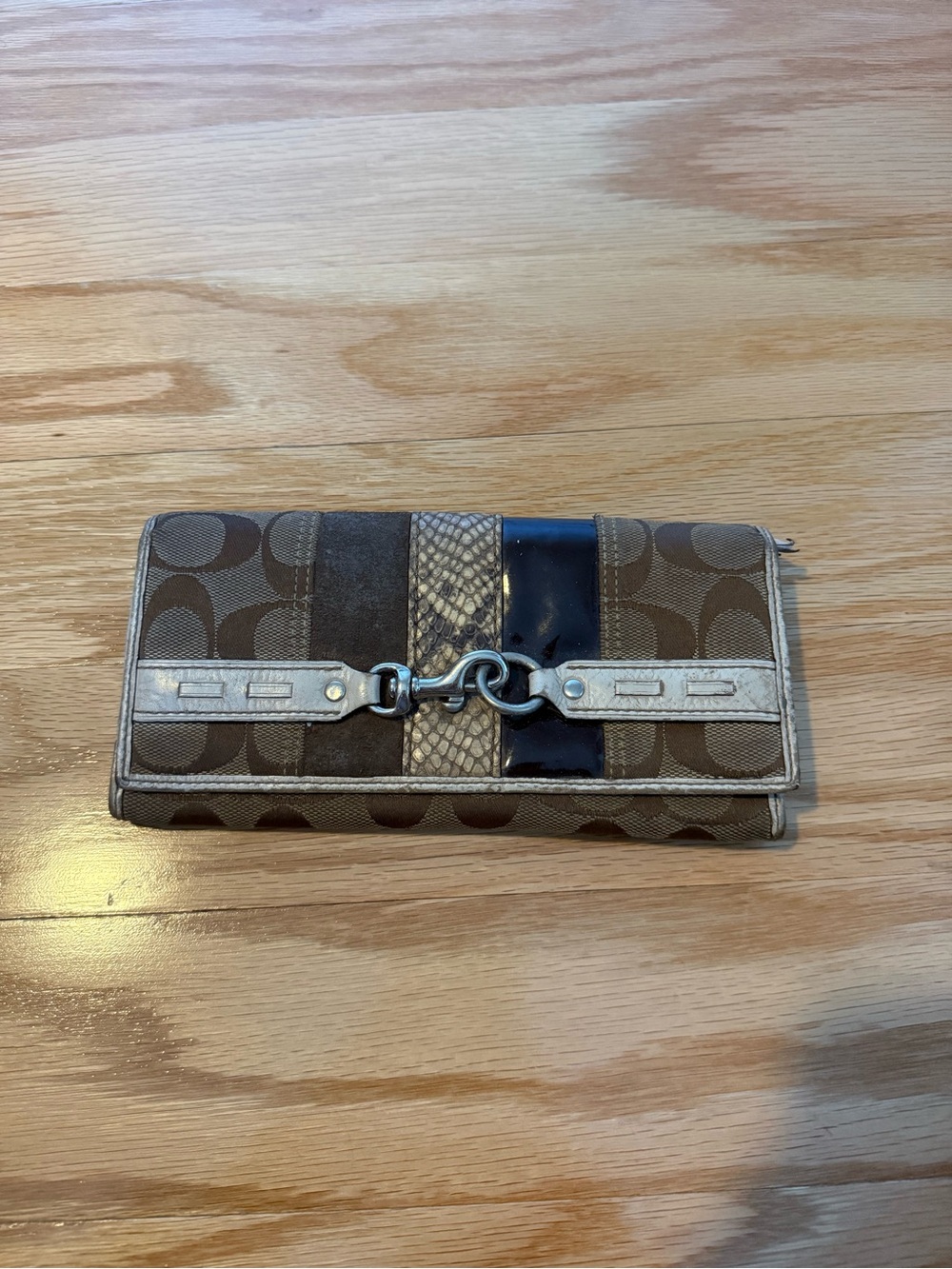 Coach Brown Signature Continental Wallet with Mixed Trim Accents